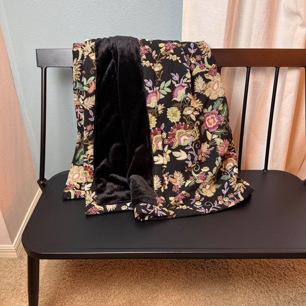 Johnny Was Throw Blanket Unisex OS Black Floral Tapestry Faux Fur H10225 Boho - Picture 2 of 8
